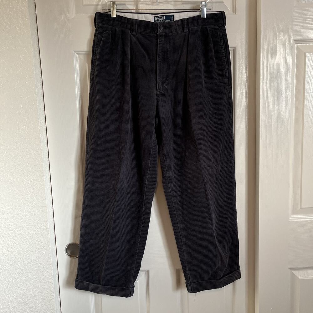 Vtg Polo Ralph Lauren Dark Blue Andrew Pant Cotton Pleated Corduroy Men's 34